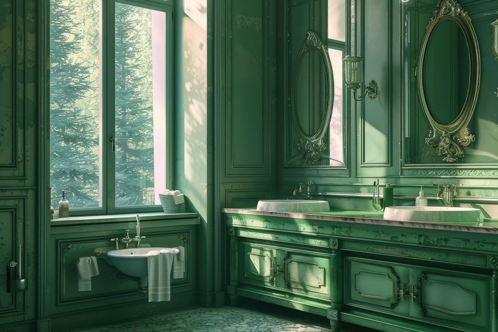 sage green colour in a victorian bathroom with double vanities