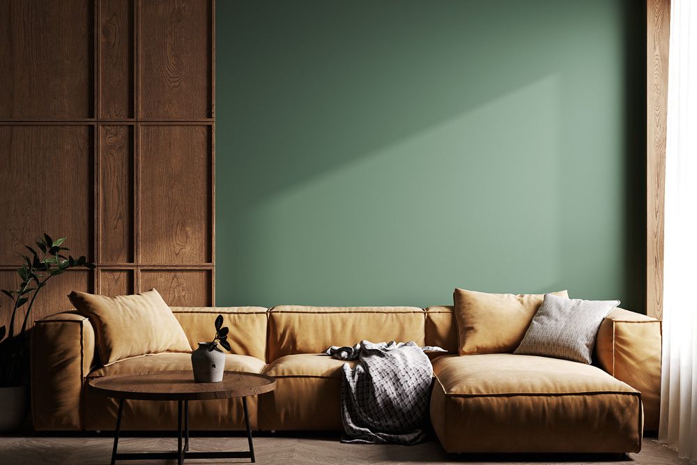 sage green colour schemes with brown furniture and wall panel