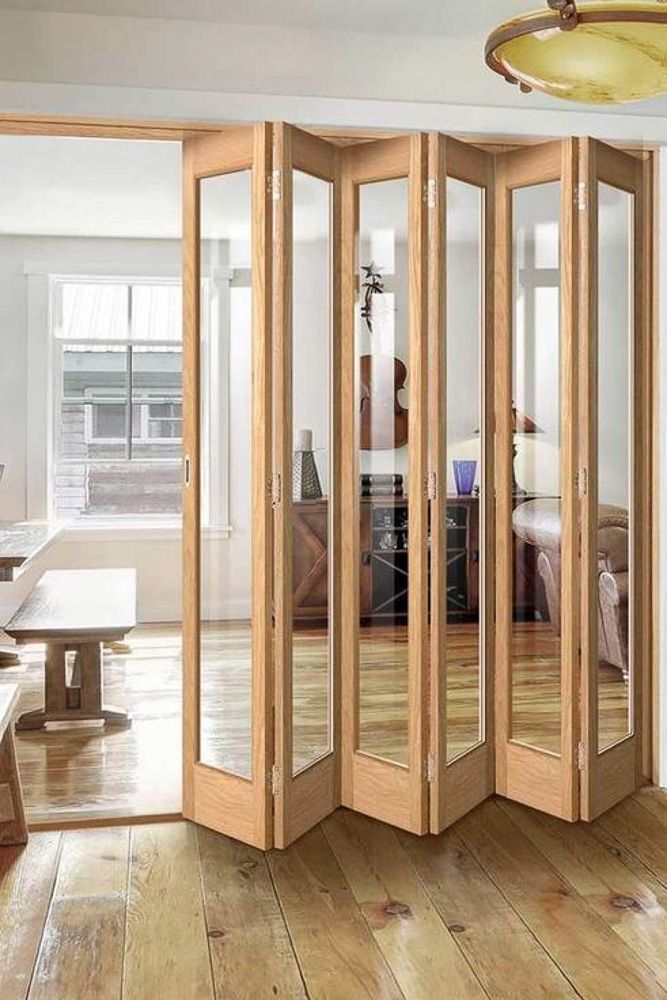 Folding veneer wood door design with glass insets