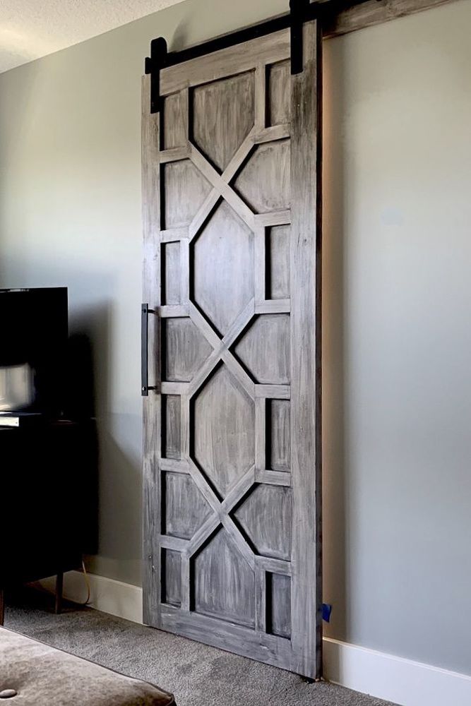 Geometric pattern modern veneer sliding barn door in honeycomb design