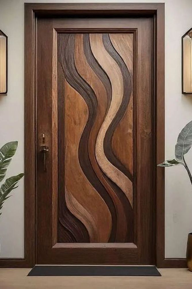 Carved veneer wood door design with wave pattern
