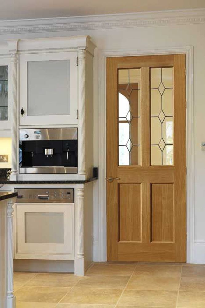 Veneer door design with double glass insets