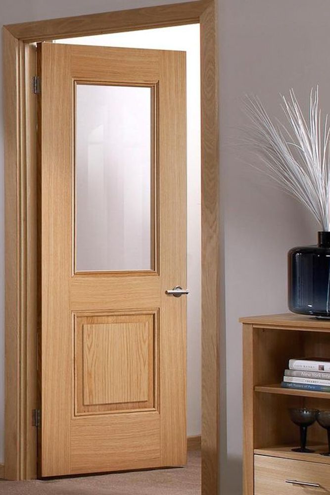 Veneer door design with single glass inset
