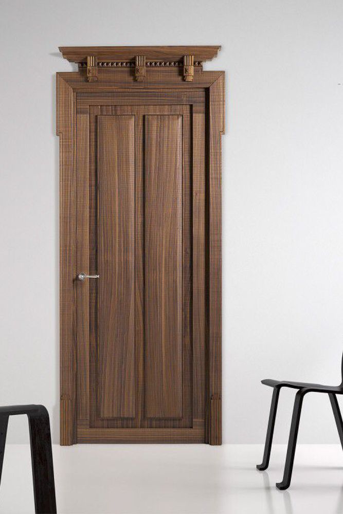 Vintage inspired teak veneer door design with crown moulding