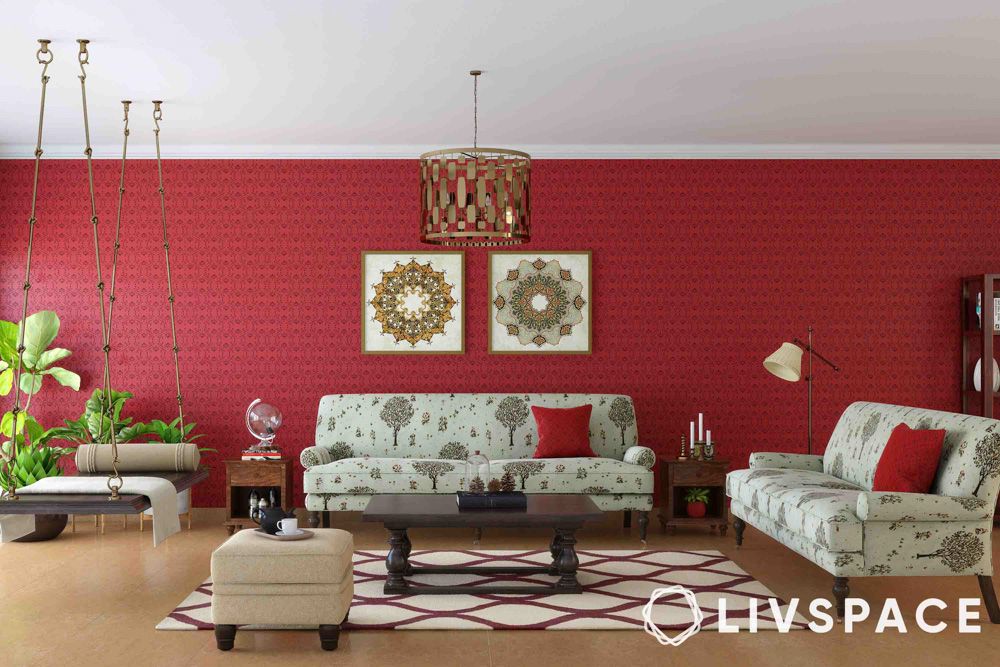 Festive textiles in an Indian living room in Dussehra or Navratri colours