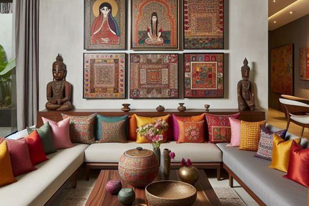dussehra decoration ideas for home with festive Indian traditional textiles