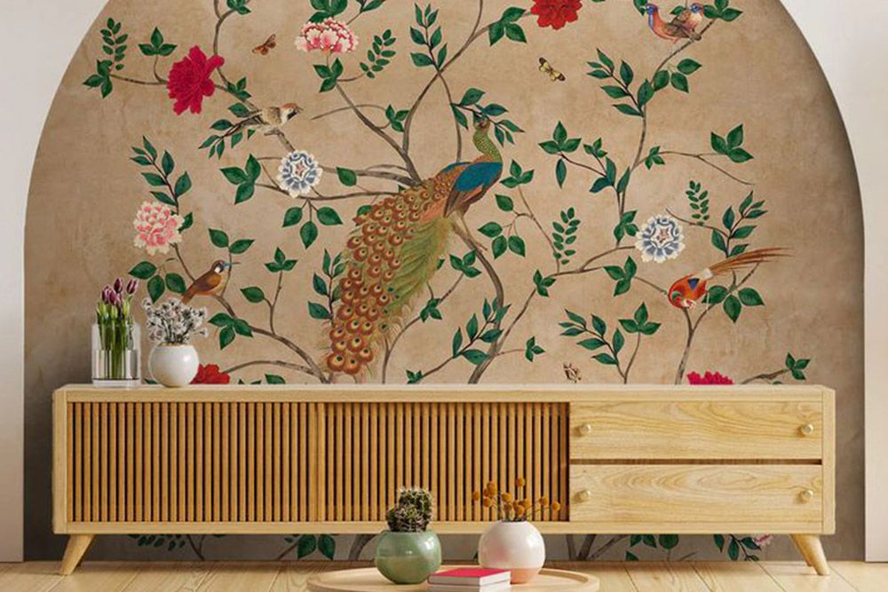 Living room transformation idea for Dussehra with floral pakhi wallpaper