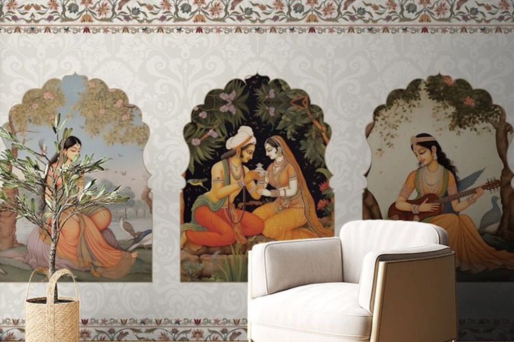 Living room transformation idea for Dussehra with mural wallpaper