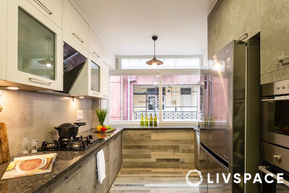 kitchen cabinets with metallic finish