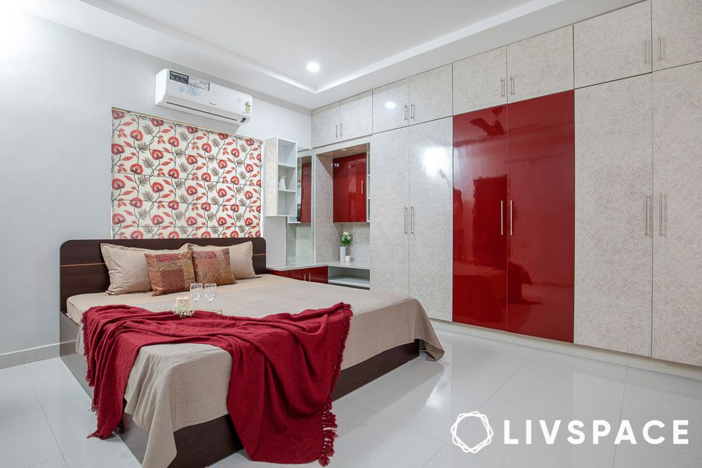 low cost small house design red and greige sliding wardrobe