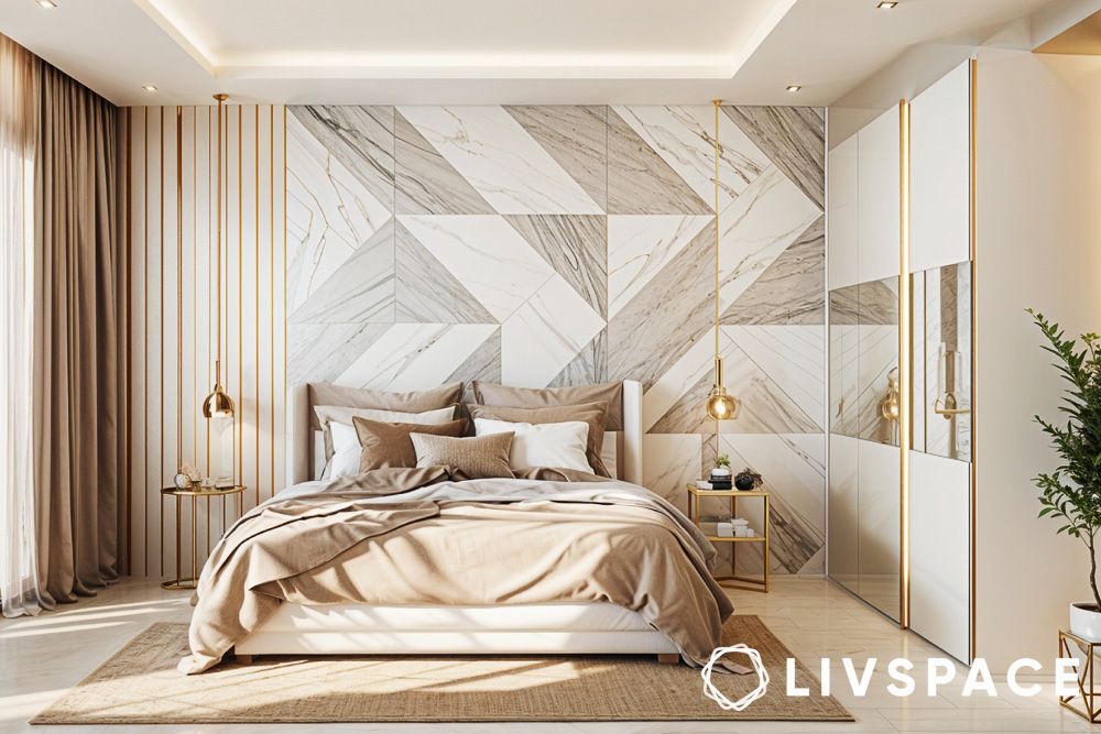 luxury bedroom interior design in beige minimalism and geometric headboard wall