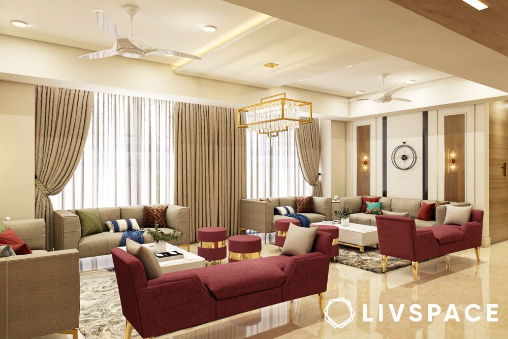 luxury living room design in beige red and gold