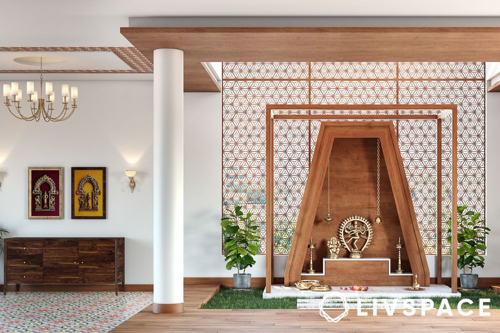 luxury pooja room interiors with unique unconventional shape