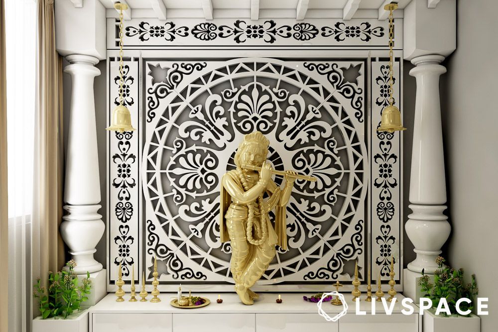 luxury pooja room interior design with highlighter wall