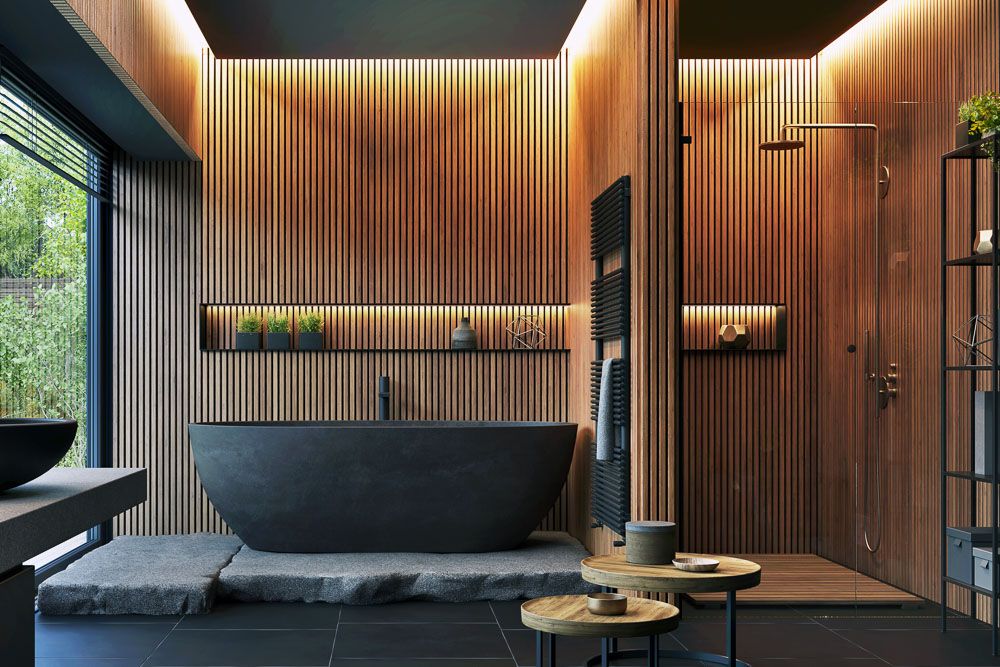 Bathroom interiors with wooden fluted wall panels in a luxury home