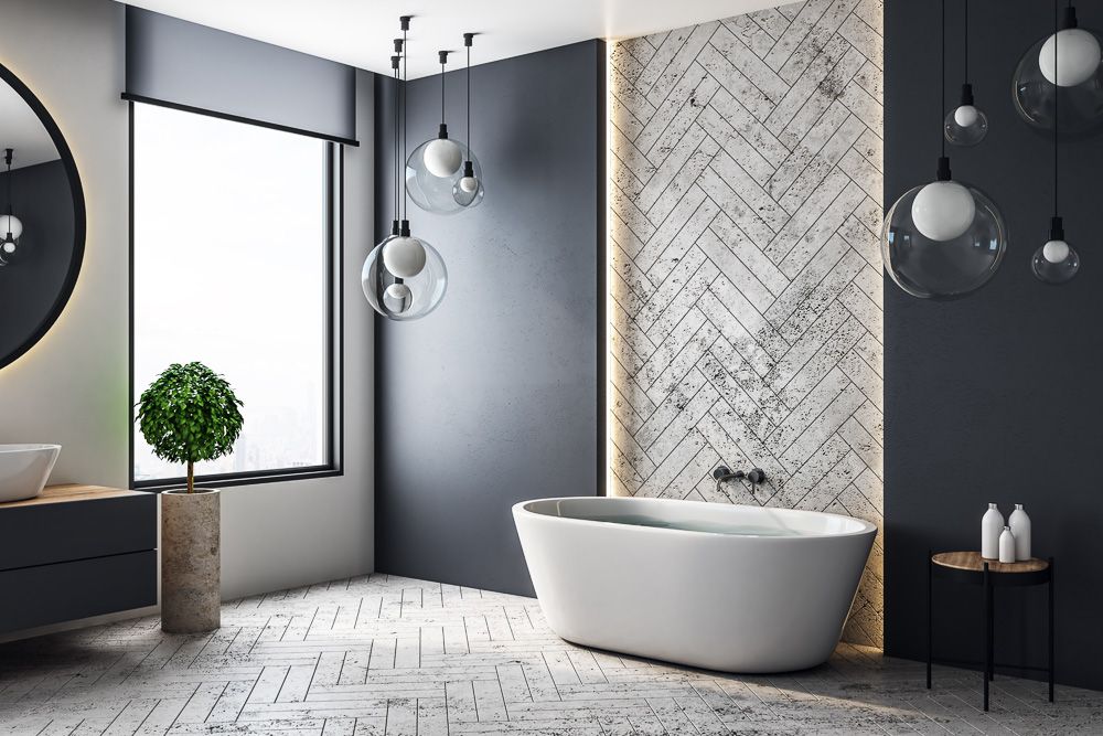 luxurious bath room interior design with herringbone walls and floor