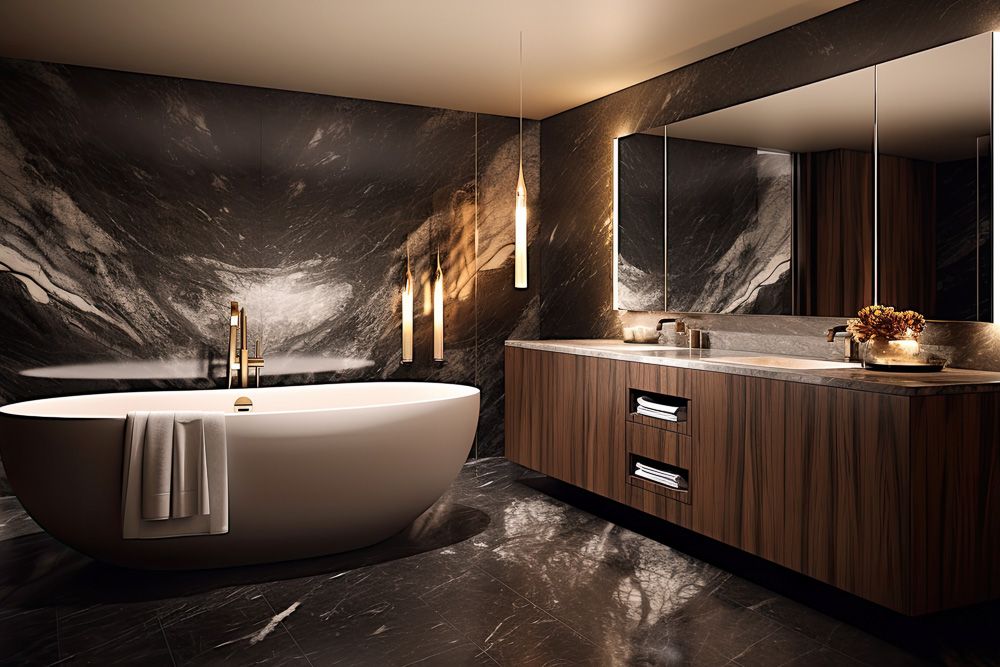 luxurious bath room interior design in black granite walls and floor