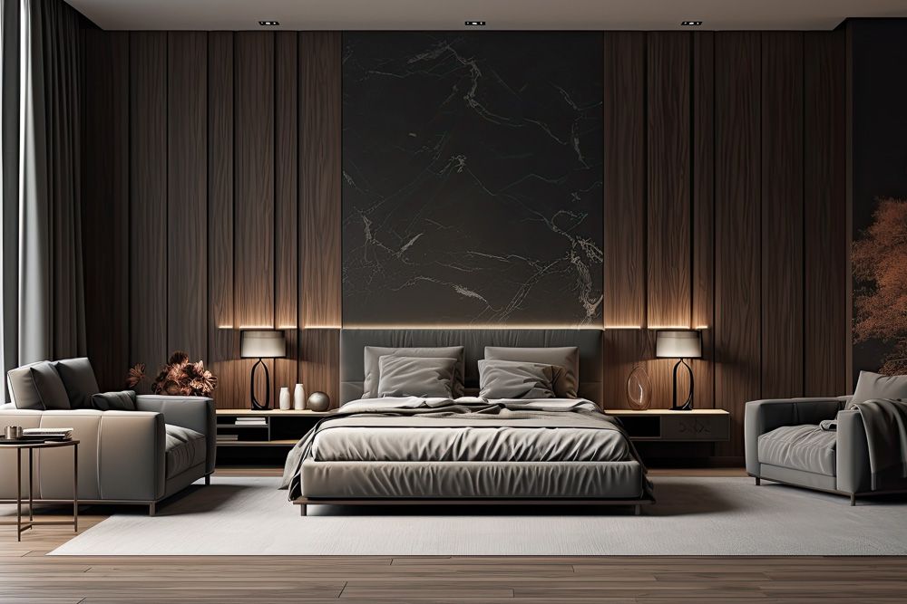 luxury bedroom interior design with grey walls and wooden floors