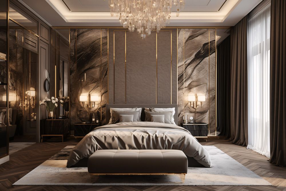 luxury bedroom interior design with gold and metal decor