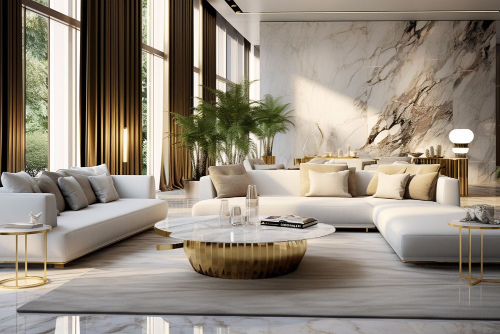 modern luxury modern living room design with white marble wall panel