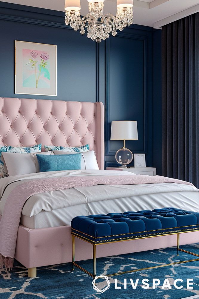 luxurious bedroom interior in rich luxury colours pink and blue