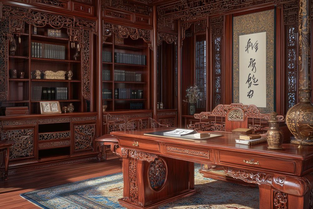 Engraved rosewood study table and built in bookshelf in a study room