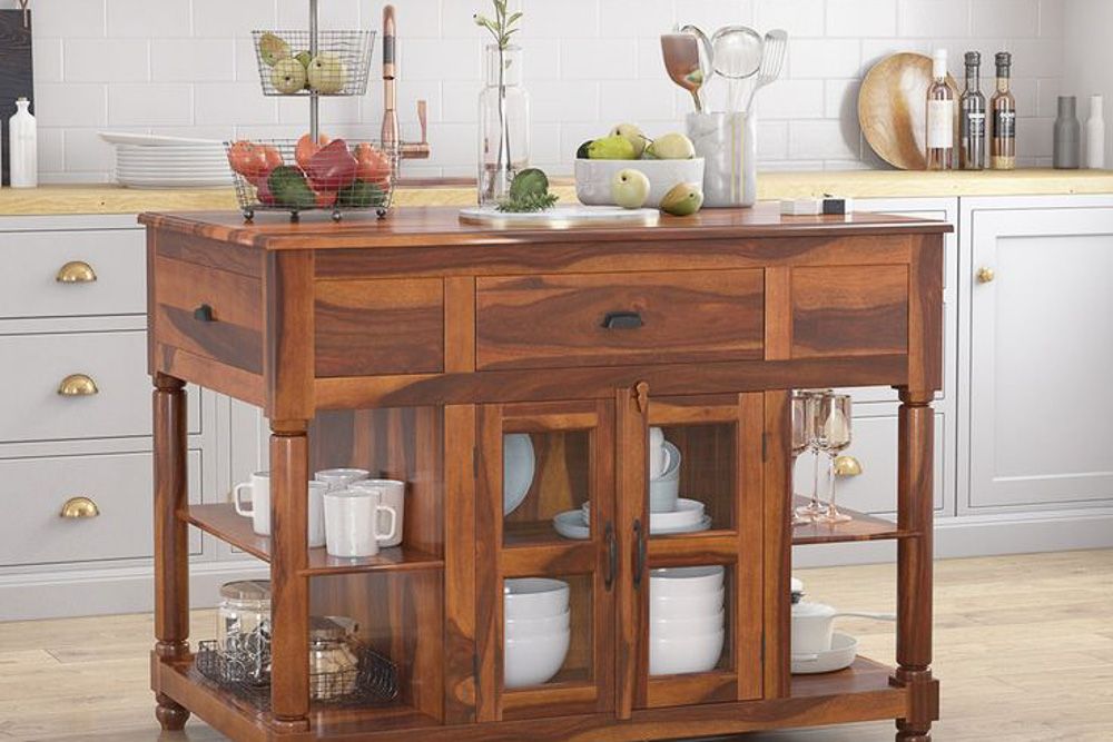 Rosewood island table in a modern kitchen