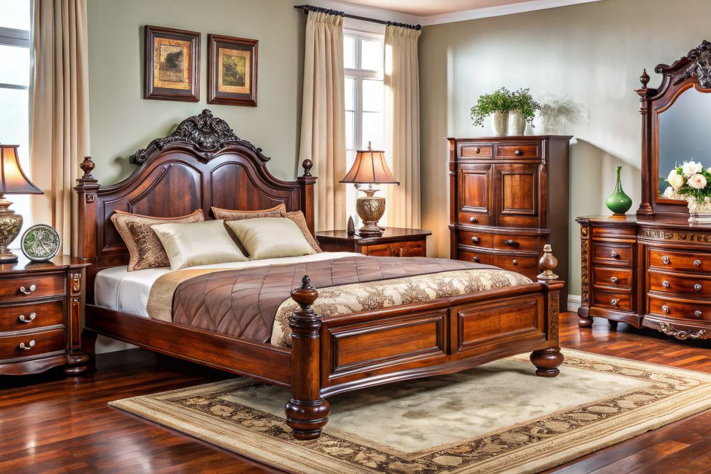 Rosewood bed side tables and dresser in a bedroom