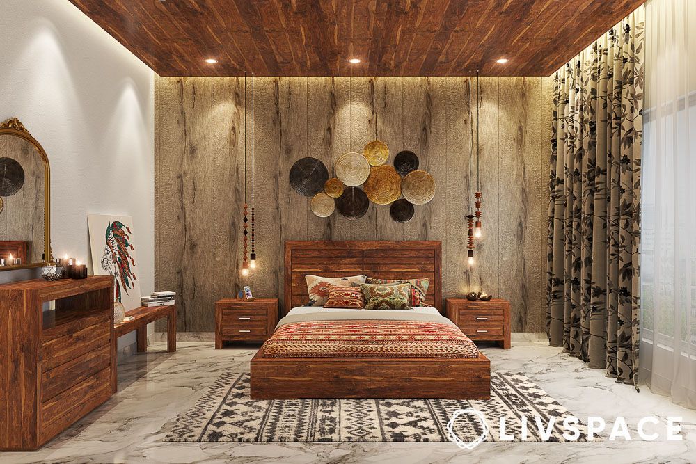 textured wood wallpaper in rustic bedroom
