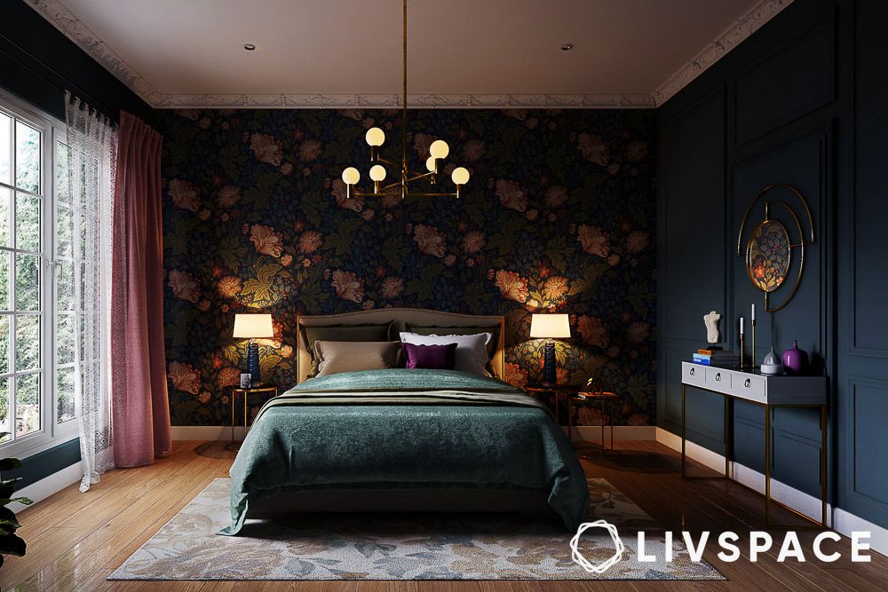 black wallpaper textured with floral patterns