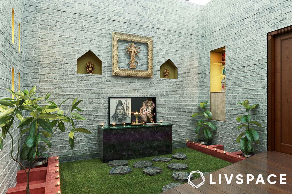 pooja room wallpaper texture with idols and tulsi plant