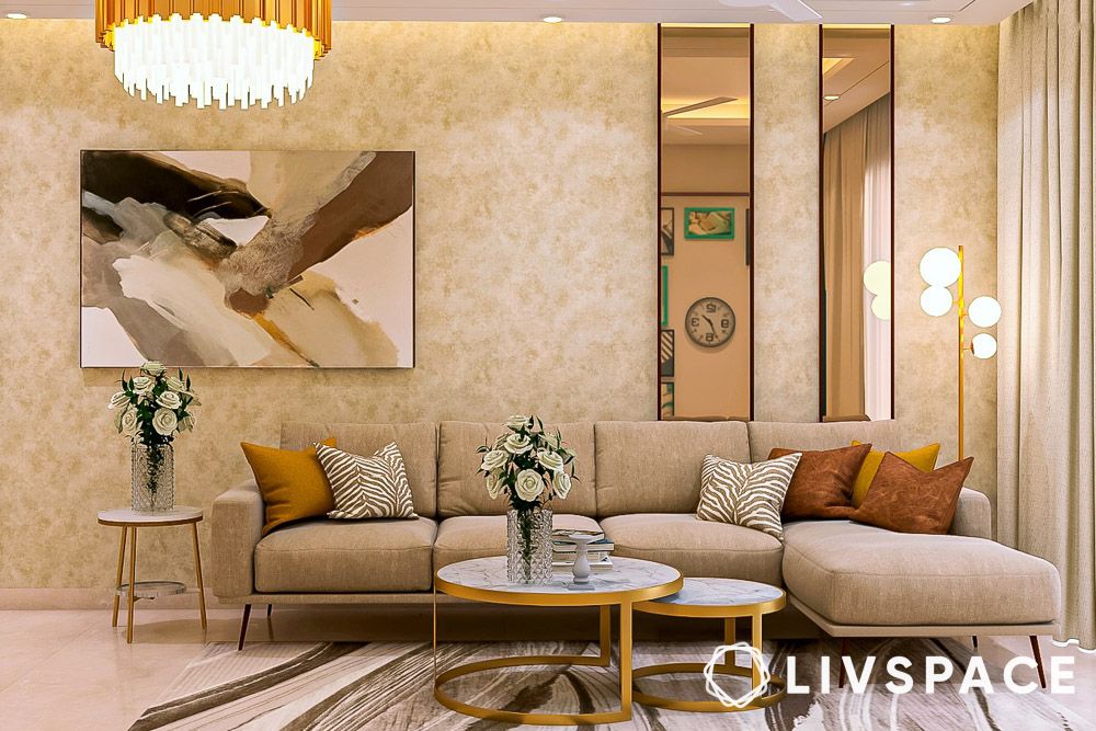 wallpaper beige texture with mirror panels and light furnishings