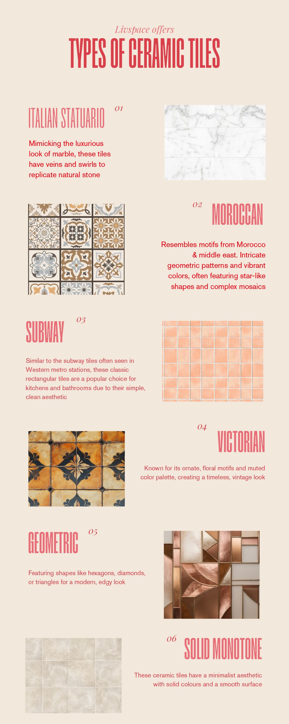 Types of ceramic tiles offered by Livspace