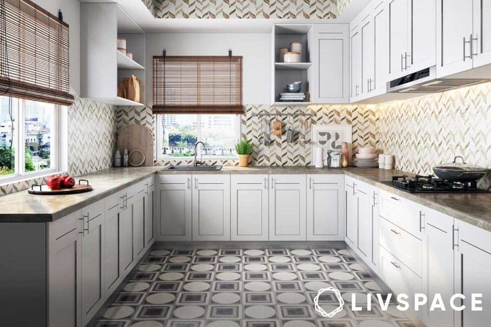 Ceramic wall tiles and flooring in a kitchen