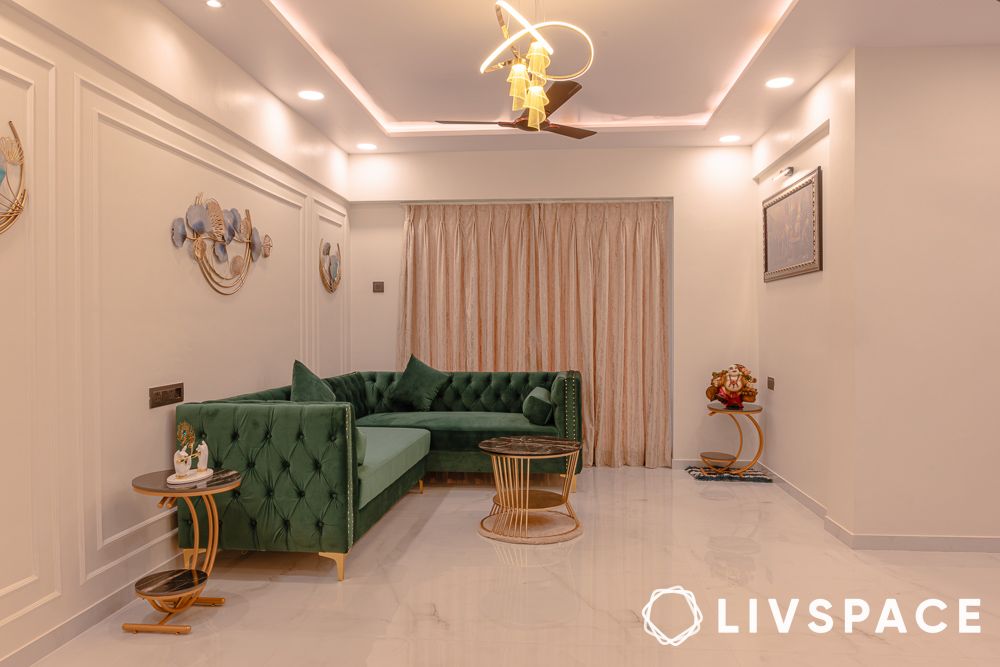 Living room with a warm lighting from a modern chandelier