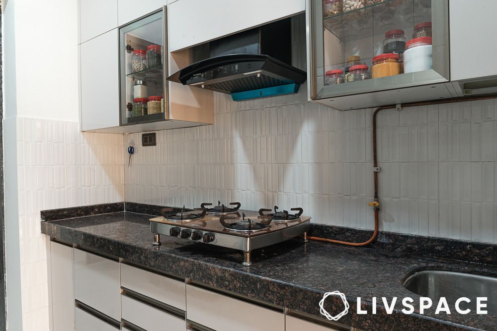 kitchen with black marble countertop