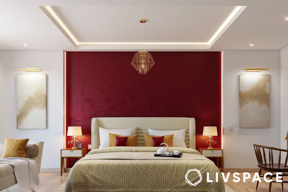 simple ceiling design for bedroom with deep red accent wall