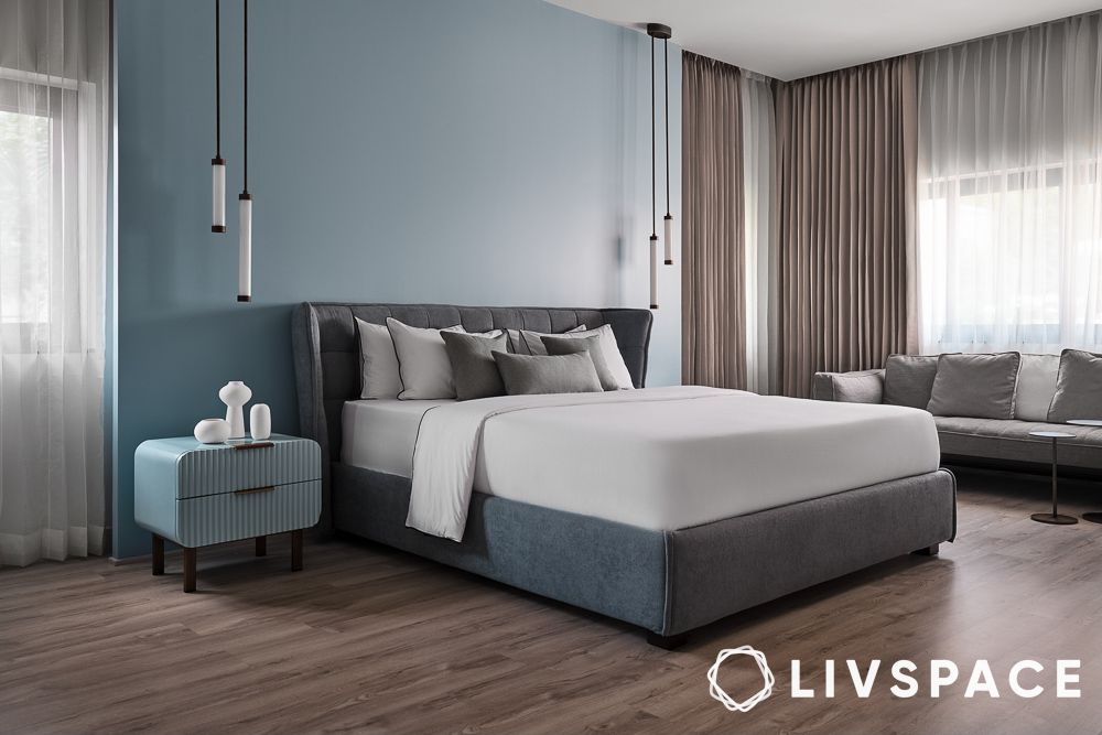 basic bedroom decorating ideas with sleek lighting and blue walls