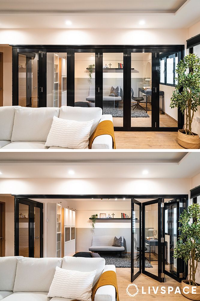 Minimalistic glass panes living room divider ideas