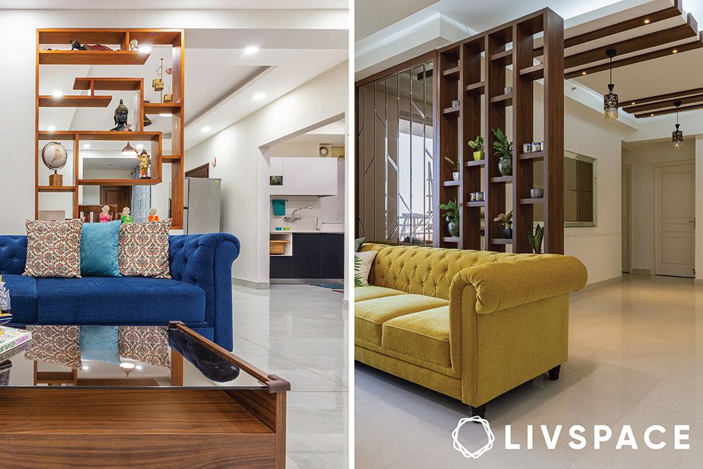 Living room partition design with freestanding shelves