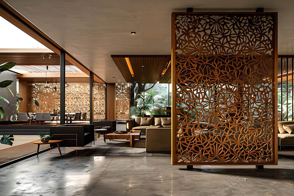 Living room partition ideas with a hand carved wooden screen