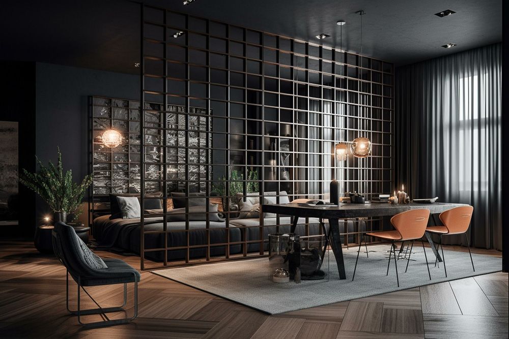 Living room divider ideas with grill like divider