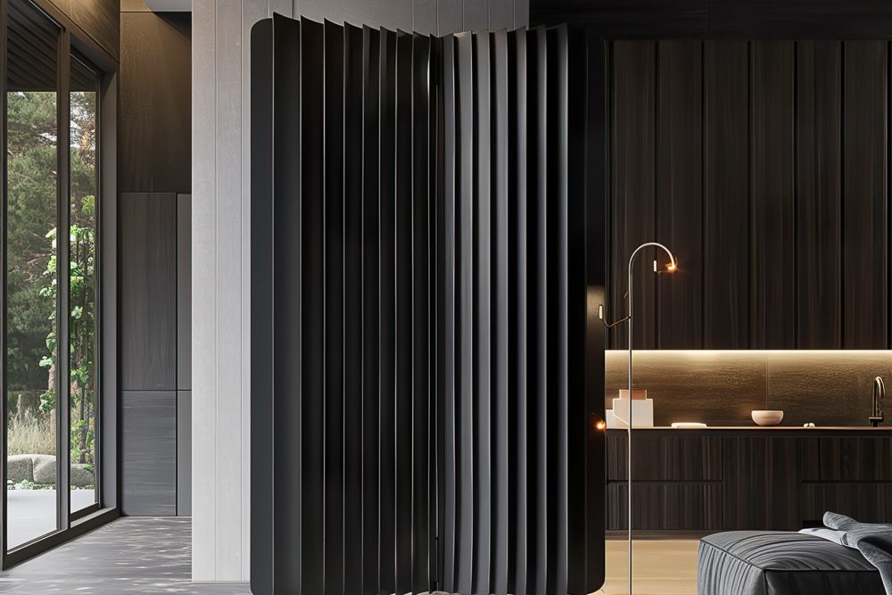 Fluted wall divider in kitchen