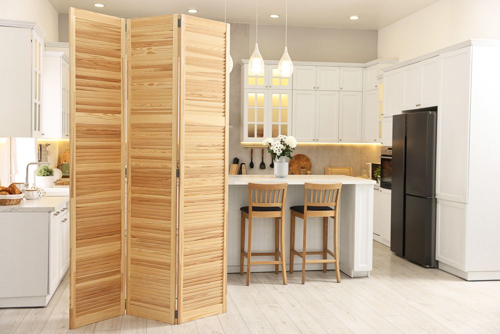 bamboo folding screen as kitchen divider