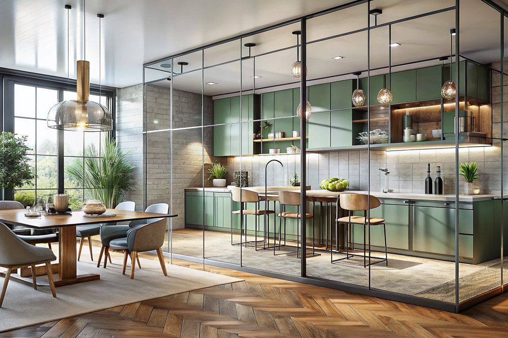 Glass partition with black frames for a kitchen