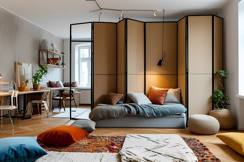 Bedroom divider ideas with wooden folding wall