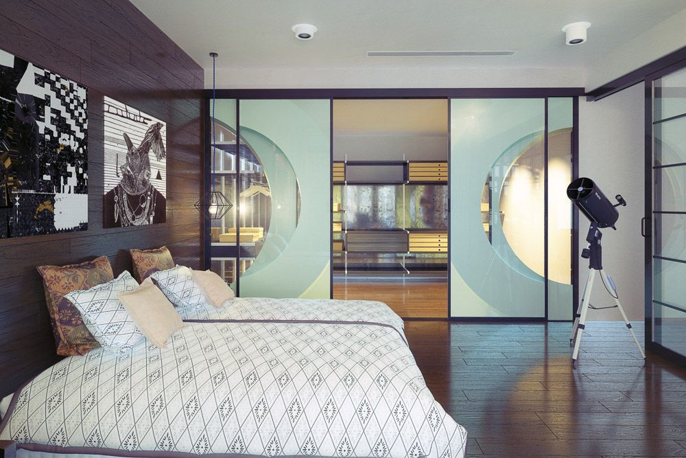 Bedroom divider ideas with frosted glass sliding doors
