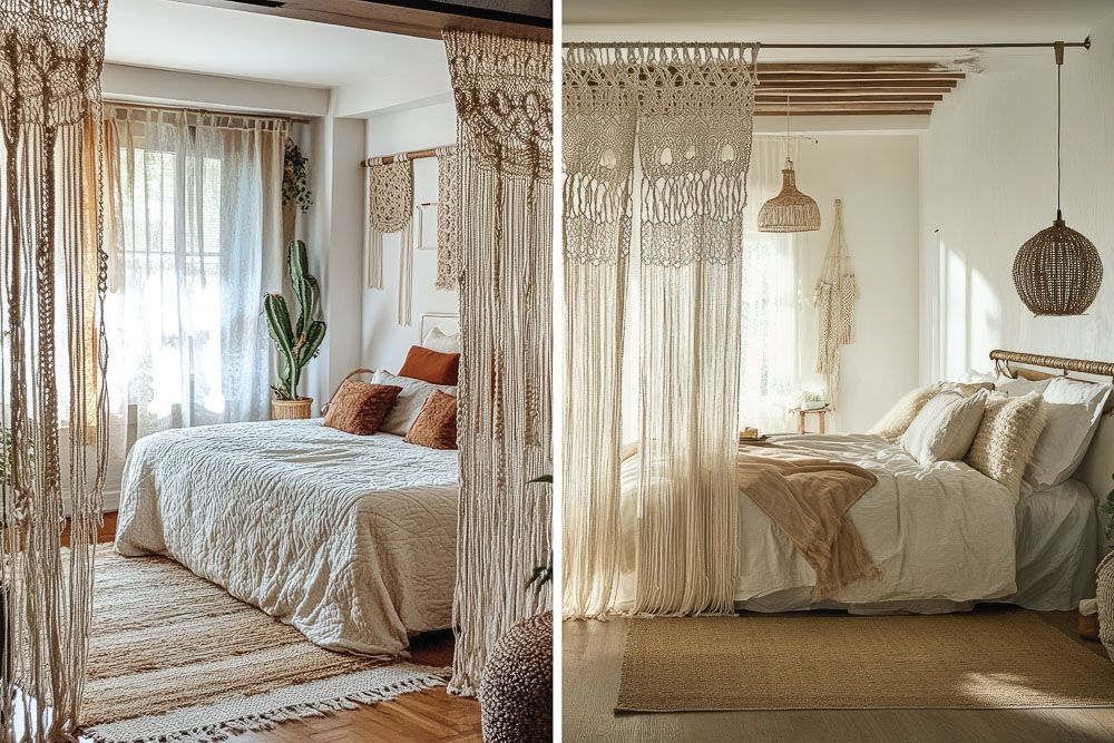 Bedroom divider ideas with macrame curtain