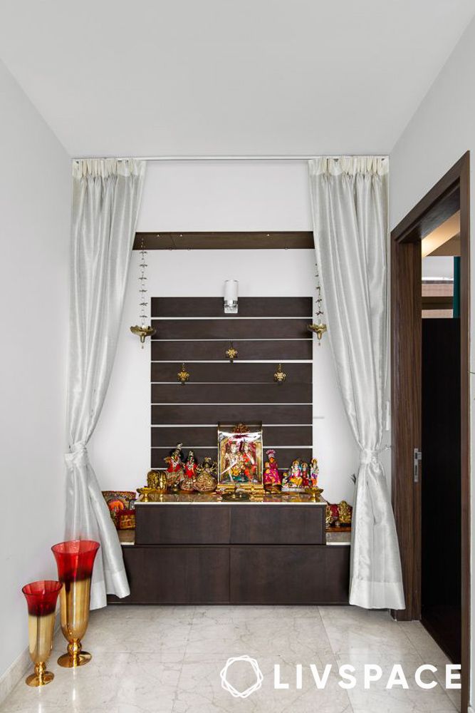 Pooja room divider ideas with fabric curtains