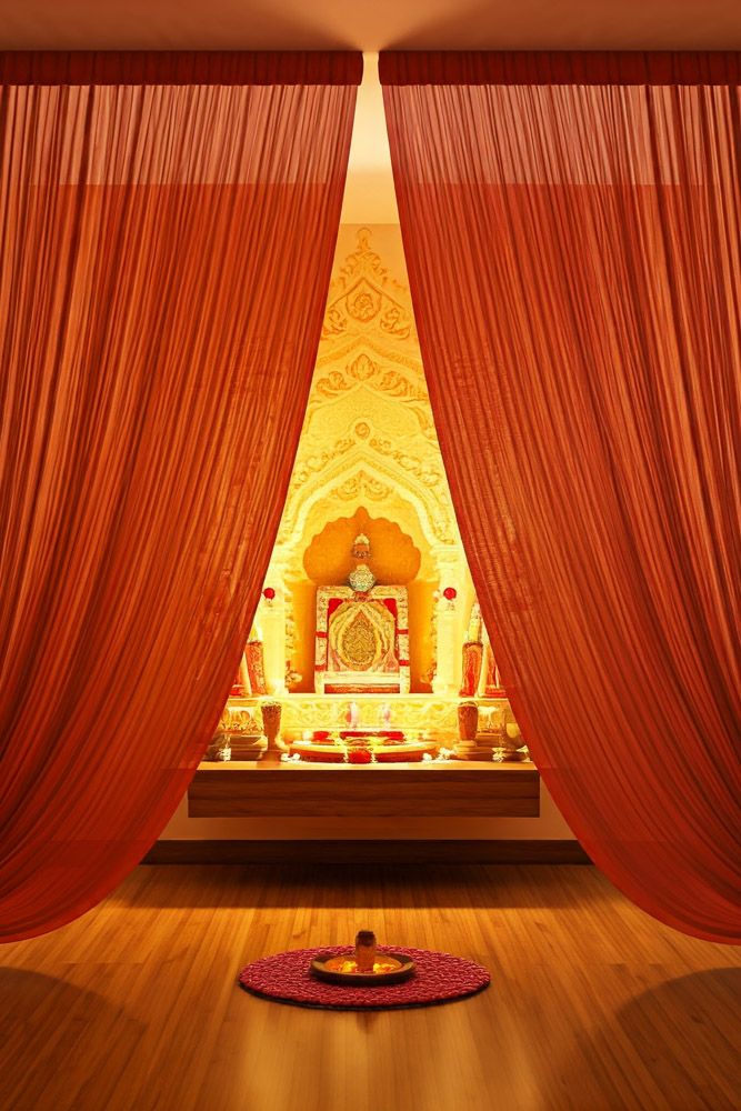 Pooja room divider idea with fabric curtains